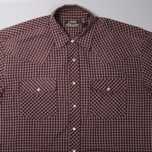 VTG Outlaw Western Wear Pearl Snap Shirt Maroon Plaid Short Sleeve Mens XL